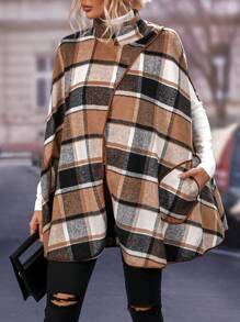 SHEIN LUNE Abrigo capa con estampado de cuadros unido en contraste de manga capa bajo asimétrico
