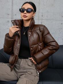 SHEIN Essnce 女士冬季纯色 PU 皮革前拉链休闲短款加厚棉服外套 - 咖啡棕 - 查看 5