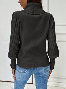 Calvaya Solid Color Turtleneck Lantern Sleeve Sweater,Long Sleeve Tops