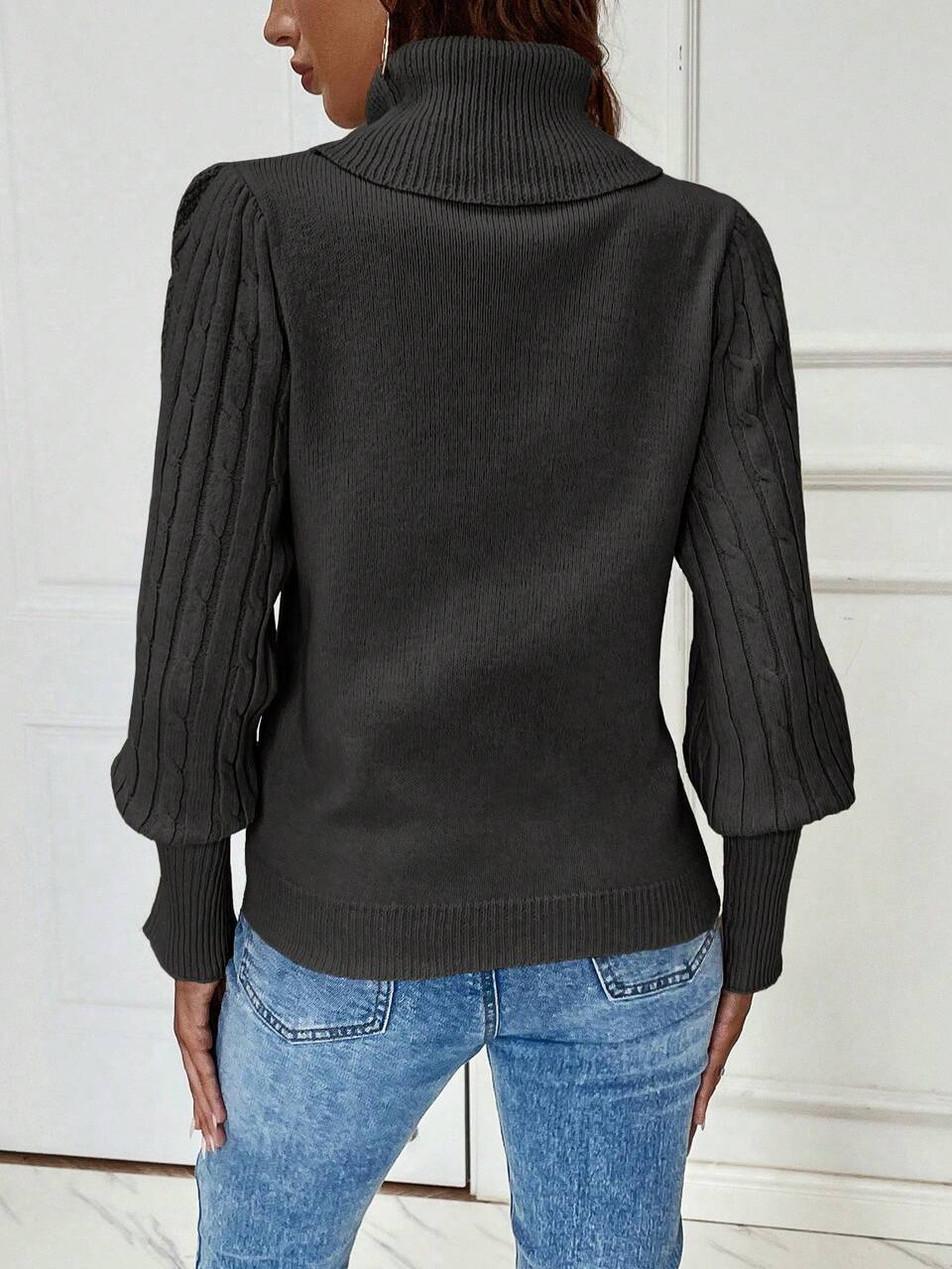 Solid Color Turtleneck Lantern Sleeve Sweater,Long Sleeve Tops Knit Pullover Fall Winter Sweater