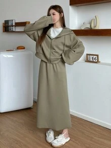 DAZY 女士拉鍊前開放肩連帽夾克和裙子套裝 - 綠色 - 查看 3
