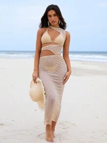 SHEIN Swim Women's Hollow Mesh Bikini Set Suit Summer Beach - Khaki - View 2