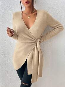 SHEIN Privé Cổ chữ V Bọc Áo len - Màu be - Xem 5