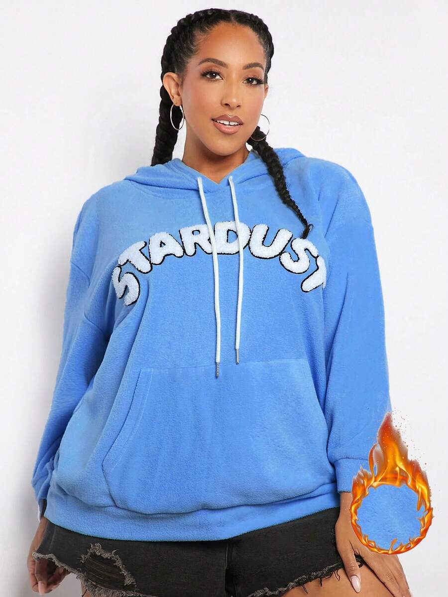 SHEIN CURVE+ 加大码印花抽绳卫衣 - 藍色 - 查看 1