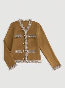 SHEIN Clasi Frayed Hem Patchwork Jacket Fall Cloth For Women - Brown - View 3