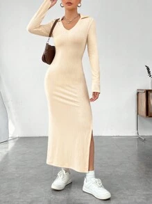 SHEIN EZwear Women's Solid Color Side Split Dress - Apricot - View 3