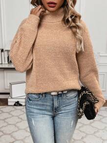 SHEIN Essnce 高領落肩毛衣套頭衫 - 駝色 - 查看 1