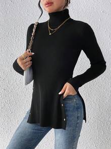 SHEIN Essnce Suéter Sólido De Cuello Alto Con Dobladillo Dividido - Negro - Ver 3