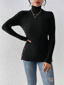 SHEIN Essnce Suéter Sólido De Cuello Alto Con Dobladillo Dividido - Negro - Ver 5