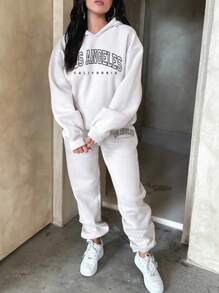 SHEIN EZwear 女字母印花連帽衫和運動褲兩件套 - 白色 - 查看 3