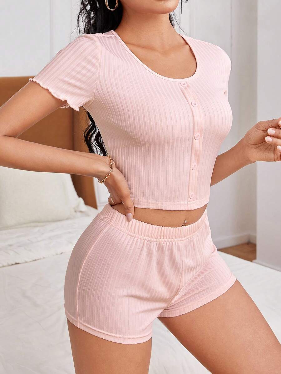 Solid Color Women's Short Sleeve And Shorts Homewear Set - Baby Pink - View 1