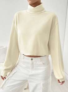 SHEIN EZwear 女式杏色高領針織t卹 - 杏色 - 查看 4