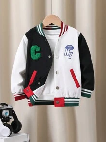 SHEIN Boys' Loose Fit College Style Color Block Patchwork Letter Print Jacket - Multicolor - View 5