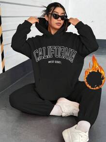 Flirla 大碼字母圖案袋鼠口袋落肩袖抽繩連帽衫和運動褲 - 黑色 - 查看 1