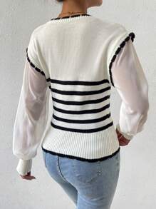 SHEIN LUNE Women's Striped Mesh Splicing Long Sleeve Knit Pullover Fall Winter Sweater - Multicolor - View 2