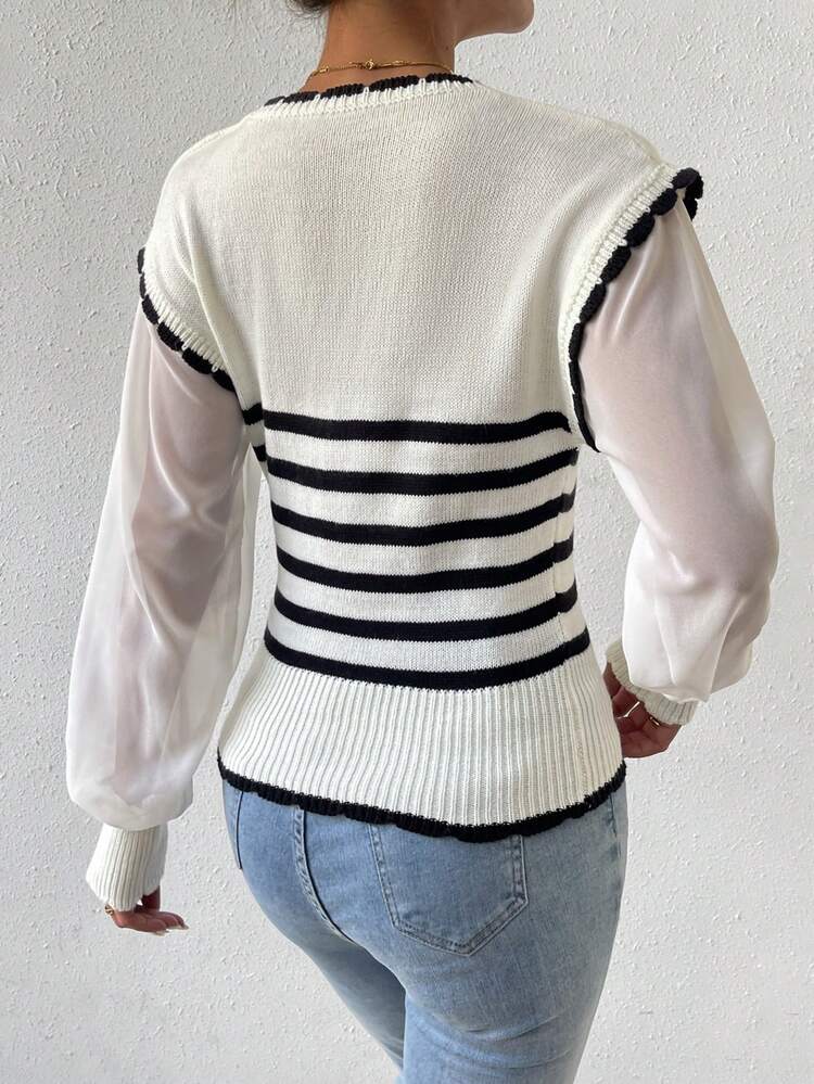 Women's Striped Mesh Splicing Long Sleeve Knit Pullover Fall Winter Sweater