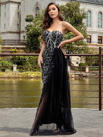 rochie bodycon cu umăr dezlipit din plasă cu paiete