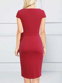 女士复古不对称领侧扭裹身连衣裙 - 西瓜粉 - 查看 2