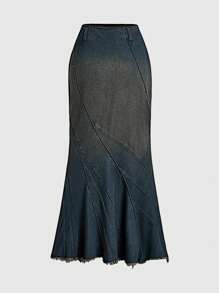 ROMWE Grunge Punk Washed Fish Tail Hem Skirt - Blue - View 1