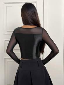 SHEIN Unity Top Con Escote En Forma De Corazón Y Panel De Malla - Negro - Ver 3