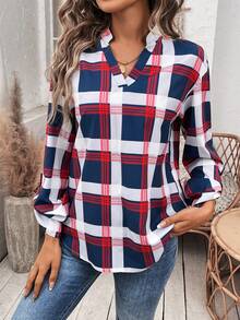 SHEIN LUNE 女士格紋印花鑲邊淺口卷袖襯衫