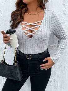 Calvaya Plus Crisscross Front Ribbed Knit Tee - Light Grey - View 1