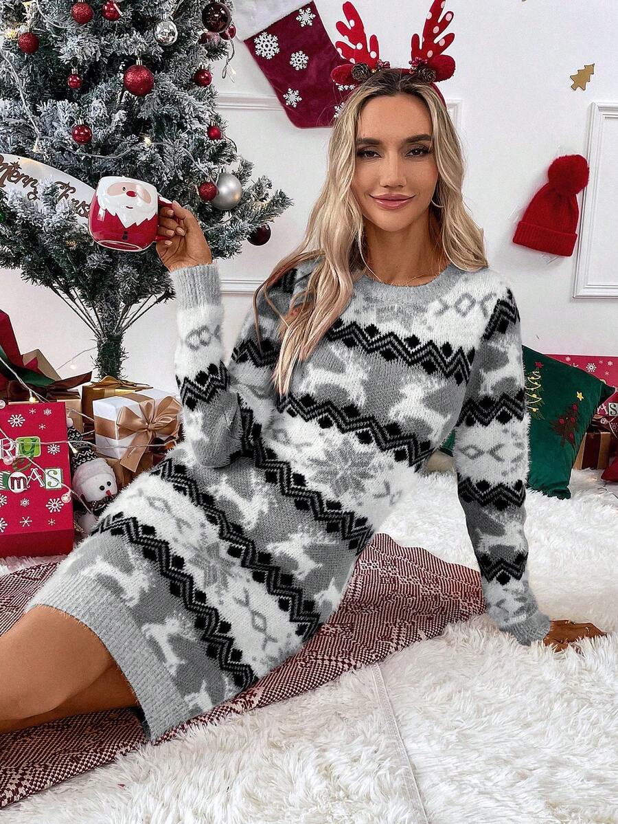 SHEIN Essnce 女士聖誕圖案毛衣連身裙 - 彩色 - 查看 1