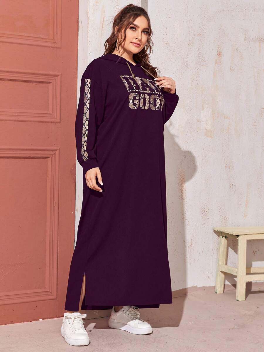 Mulvari Plus Size Letter Printed Hoodie Drawstring Waist Slit Hem Dress - Red Violet - View 1
