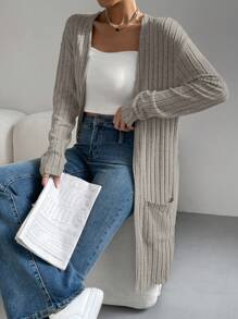 SHEIN Essnce 有貼袋的實色細肋長外套 - 杏色 - 查看 1