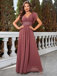 UNITHORSE 刺绣雪纺束腰礼服，优雅舞会晚会婚礼宾客礼服，适合毕业典礼、晚宴派对礼服、新娘礼服、生日女士服装