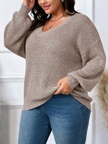 SHEIN LUNE Women'S Plus Size Drop Shoulder Knitted Sweater - Brown - View 6