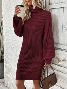 SHEIN LUNE 高領燈籠袖落肩毛衣連身裙 - 酒紅色 - 查看 1
