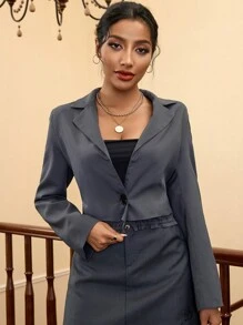 GENKIRA Lapel Collar Single Button Blazer Jacket Fall Cloth For Women - Dark Grey - View 5