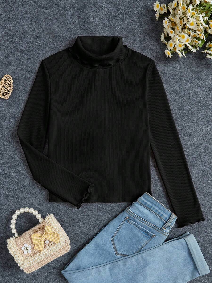 SHEIN 少女立領長袖休閒上衣,適合日常穿著 - 黑色 - 查看 1