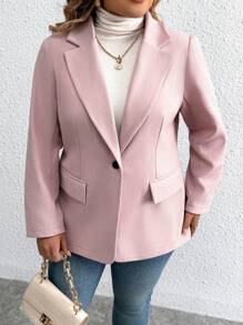 Calvaya Plus Size Solid Color Suit With Pocket Design - Dusty Pink - View 6