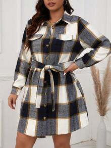 SHEIN LUNE 女款大尺寸格紋印花襯衫洋裝(搭配腰帶) - 彩色 - 查看 6