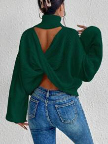 SHEIN Frenchy Màu thuần Cổ cao Xu hướng: Cắt giảm Xoay lại Tay áo lồng đèn Áo len - màu xanh lá - Xem 1