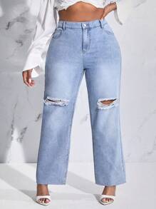 SHEIN SXY Hơn Rách Quần legging thẳng - Rửa nhẹ - Xem 1