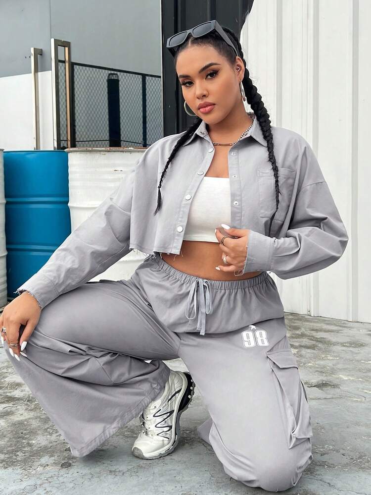 Women's Plus Size Grey Coat And Pants Two-piece Set