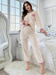 星形刺绣毛绒两件套睡衣，秋冬保暖舒适 - 杏色 - 查看 4