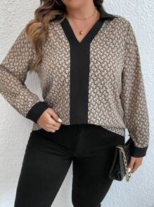 SHEIN Clasi 大碼滿版印花拼接邊襯衫 - 杏色 - 查看 2