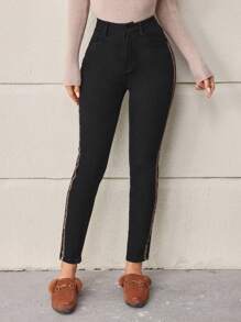 SHEIN LUNE Leopard Patchwork Side Striped Skinny Jeans - Black - View 6