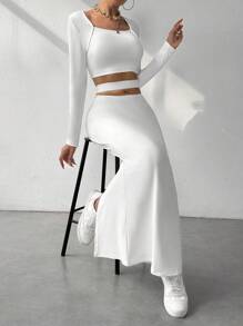 Chiquease Women's Crop Fitted T-shirt And Skirt Set - White - View 5