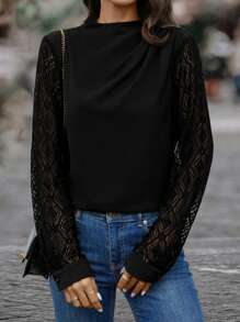SHEIN Clasi 蕾絲袖子荷葉領襯衫 - 黑色 - 查看 5