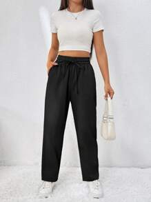 SHEIN EZwear 女性束口腰口袋長褲 - 黑色 - 查看 4