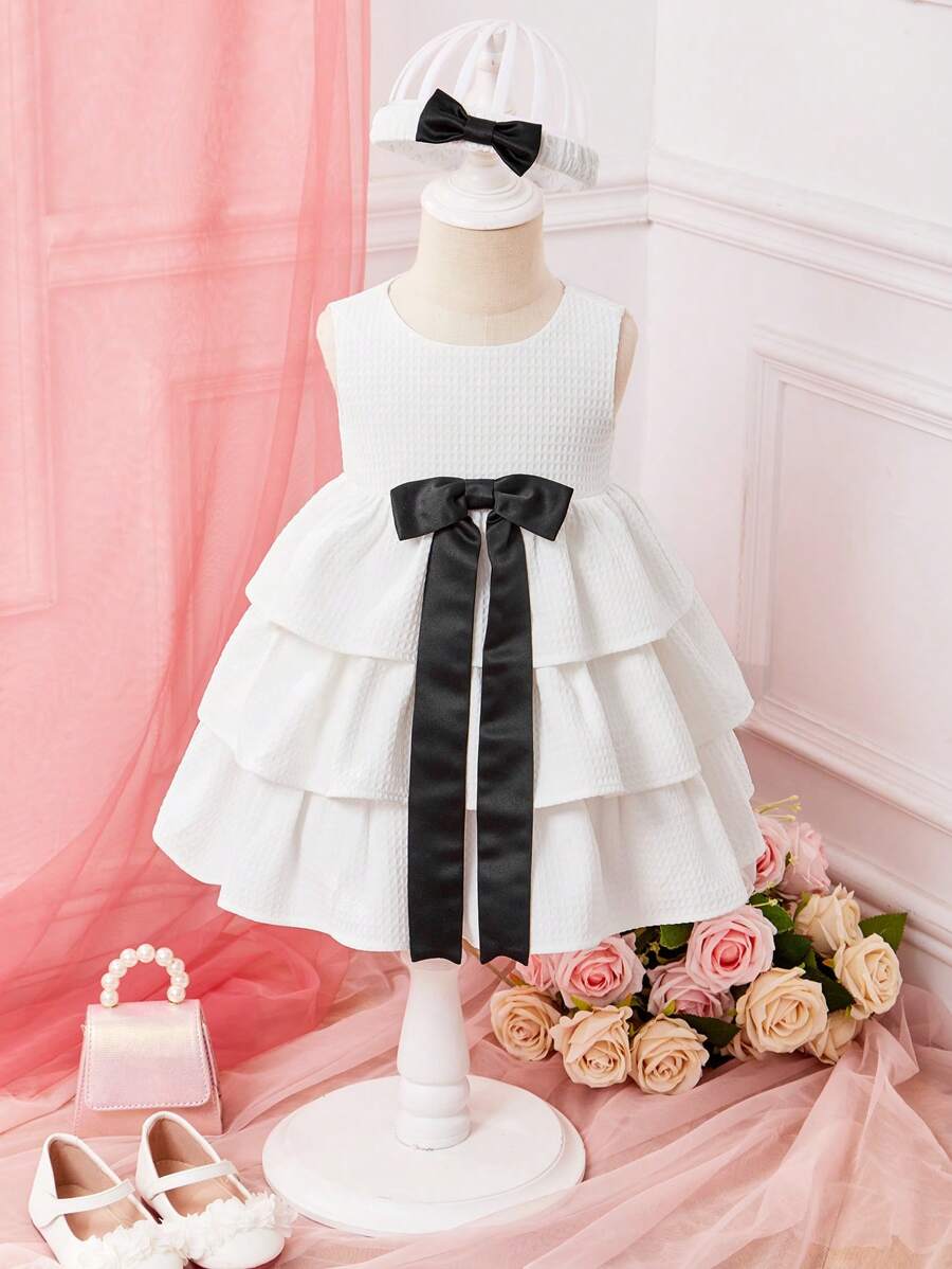 SHEIN 嬰兒女孩無袖蝴蝶結分層裙連頭帶,適用於夏季 - 白色 - 查看 1