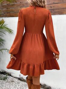 SHEIN VCAY Vestido De Manga De Linterna Sólido Con Línea De Dobladillo Con Volantes Para Mujer - Naranja Quemada - Ver 2