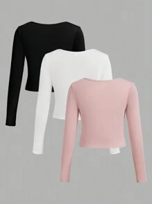 SHEIN Girlism 少女针织纯色长袖三件套T恤，适合日常休闲穿着 - 彩色 - 查看 2