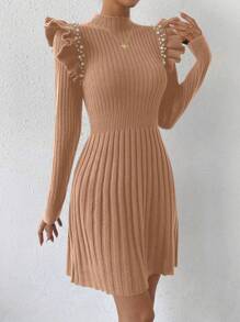 SHEIN Privé Của phụ nữ Ruffled Hem Kết cườm Áo len dệt kim Đầm - Màu Khaki - Xem 5