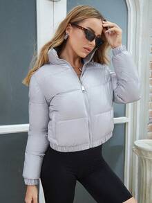 ZIAI Áo khoác độn dây kéo ngắn cho nữ - Xám - Xem 4